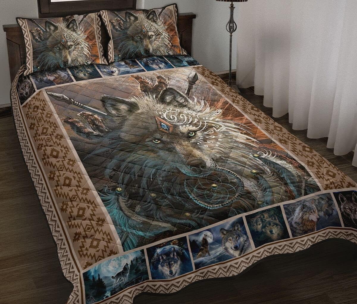 Native Wolfbrown Grey Quilts Bed Set Bedding Set 3 Piece Quilt Cover with Pillowcase Cover Soft Comfortable for Kids Parents Us Single Throw Twin Queen King Super King Size QUILT0191