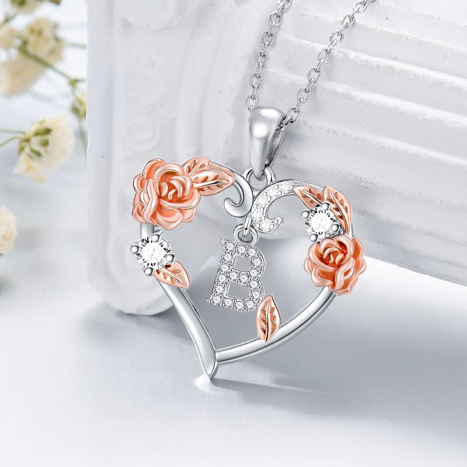AOBOCO Rose Heart Necklaces Christmas Gifts for Women, 925 Sterling Silver Rose Love Heart Initial Letter Pendant Necklace Jewelry Mothers Day Lover Birthday Gifts for Her Mom Wife Girlfriend - Image 3