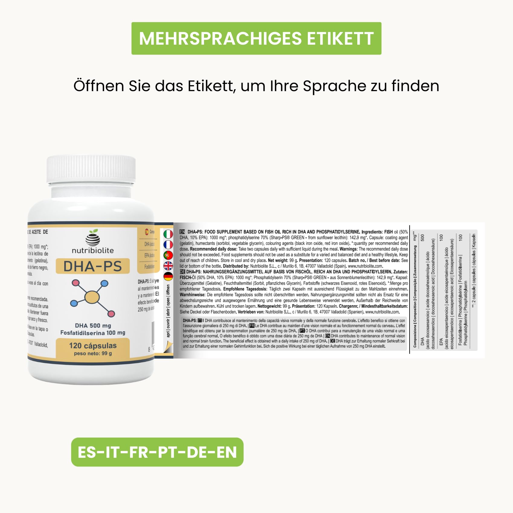 500 mg DHA Omega-3 (Triglyceride) + 100 mg Phosphatidylserin, ohne Soja – für Gehirnfunktion & Sehkraft – 120 Mini-Softgels – DHA-PS Nutribiolite