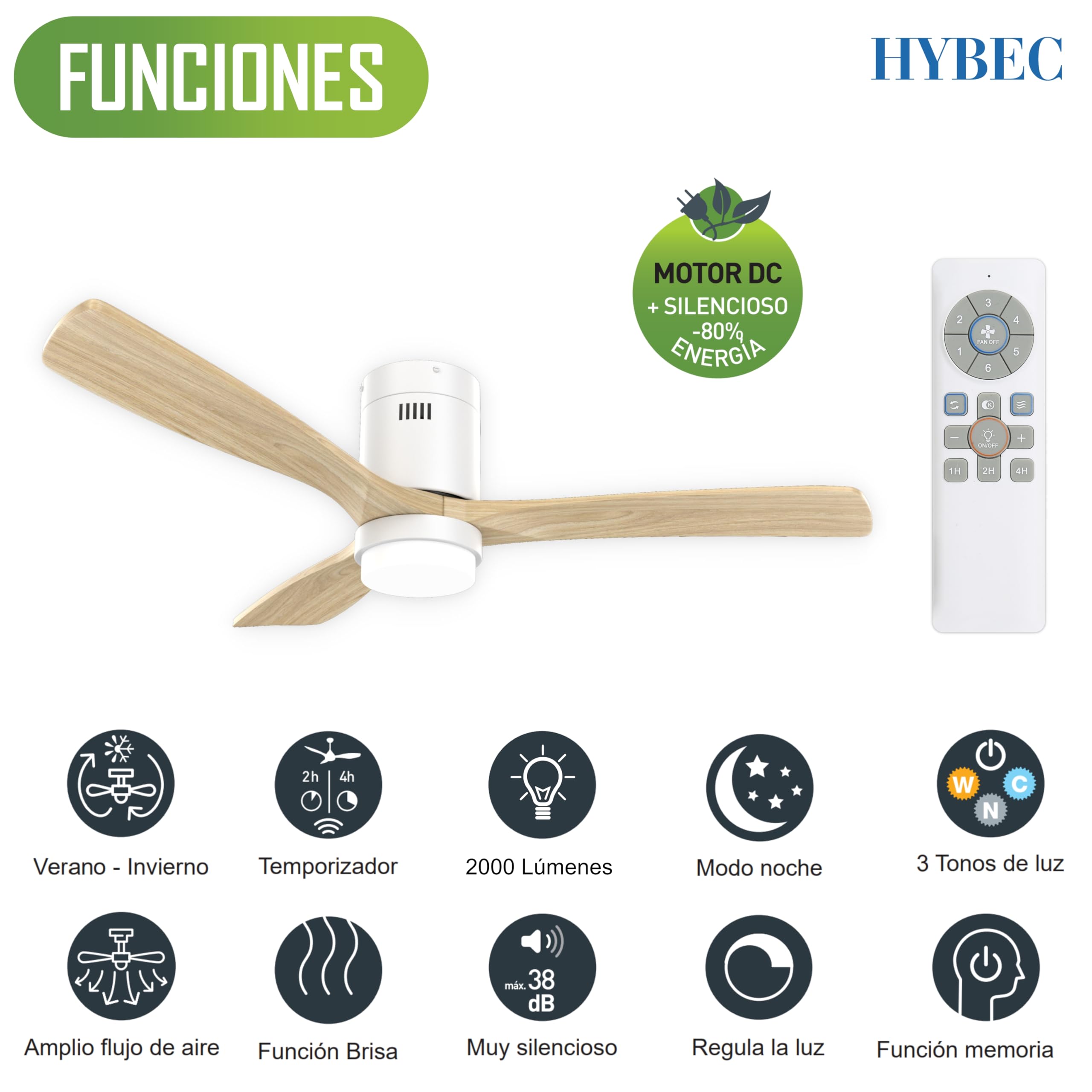 Ventilador techo grande 132 cm con luz LED 20W | Motor DC silencioso | 3 aspas madera natural | Mando con temporizador y función invierno/verano | Diseño moderno sin barra