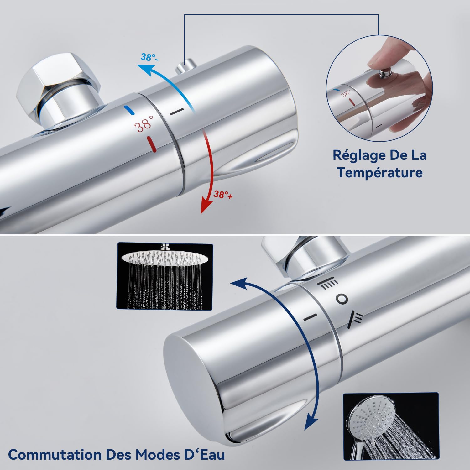 Mitigeur Douche Thermostatique Chromé 2 Sorties, Ronde