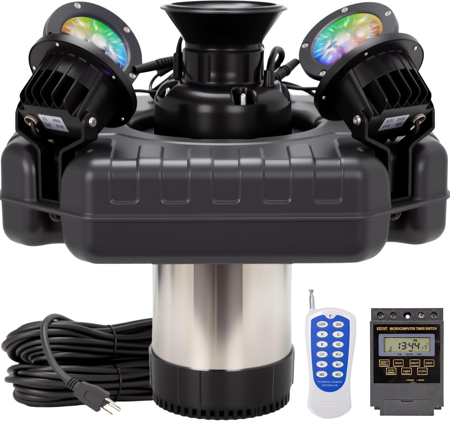 Stainless Steel Pond Fountain Aerator with 4 RGB Lights, Adjustable Light Color, Metal Floating Fountain Pump with 100FT Power Cord and Programmable Timer for Outdoor Large Ponds & Lakes