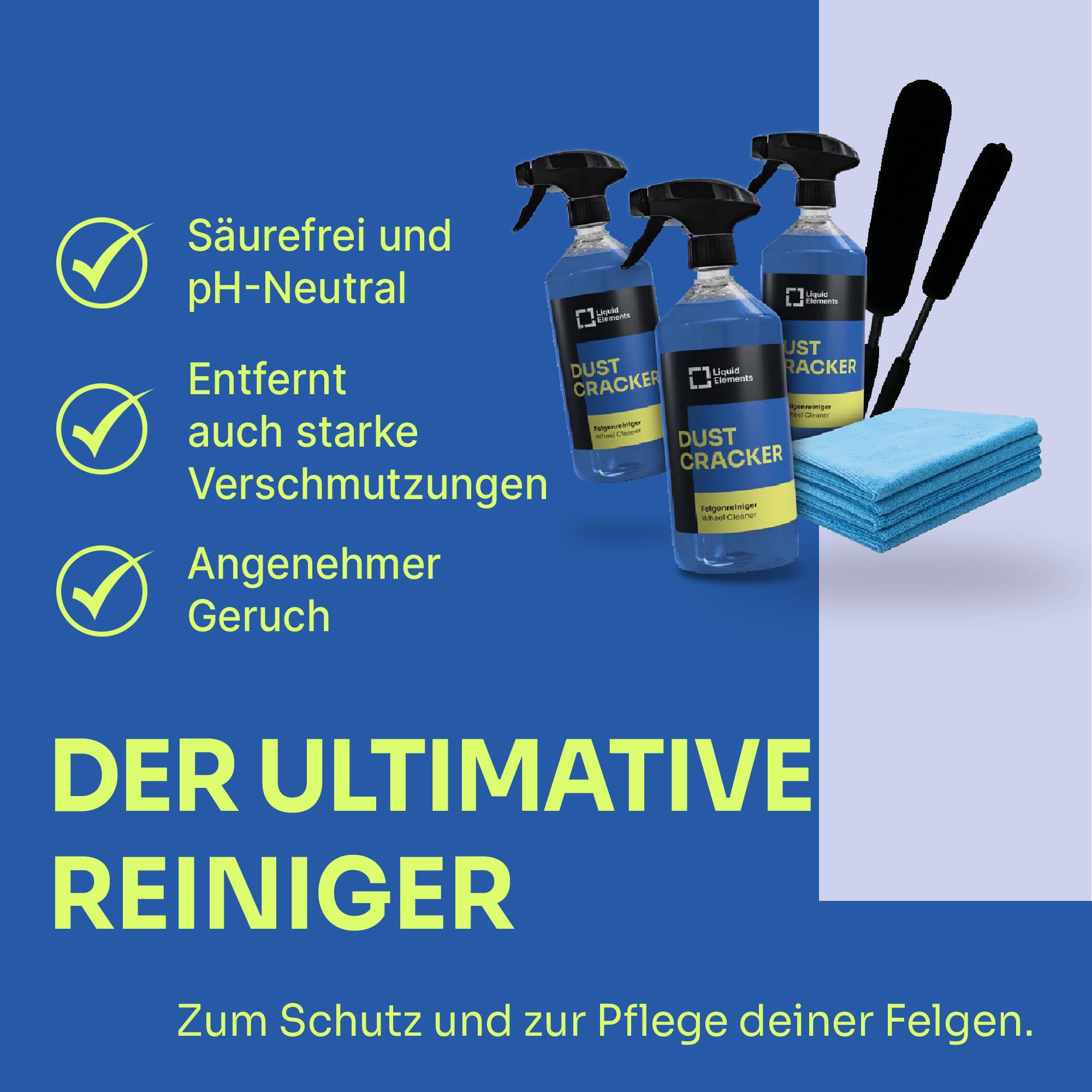 Liquid Elements Dust Cracker Set Ultra, 3x1L + Bürste M & XL + Tücher | Felgenreinigerspray inkl. Sprühflasche, für alle Felgentypen, säurefrei, effektive Reinigung & Pflege