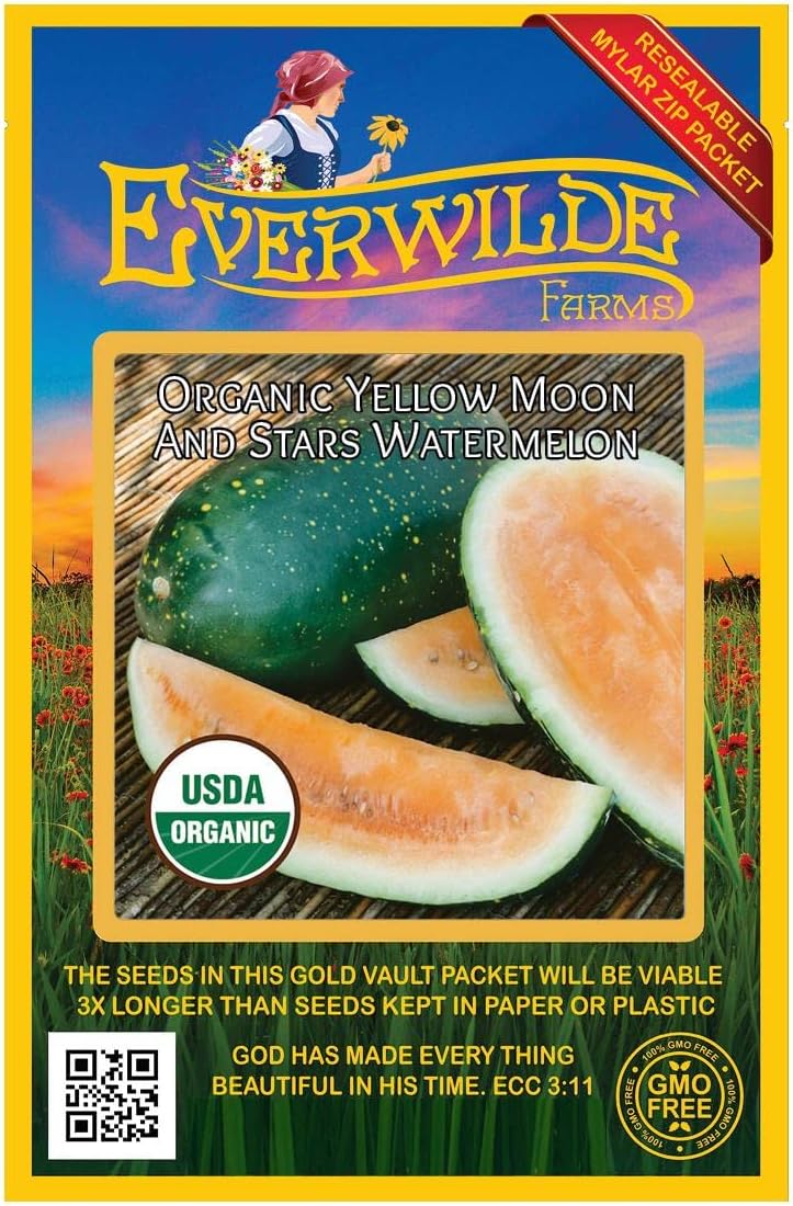 Everwilde Farms - 1 Oz Organic Yellow Moon & Stars Watermelon Seeds - Gold Vault Packet