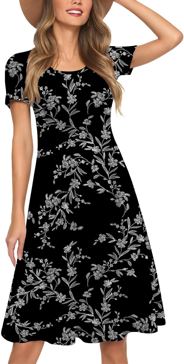 Yincro Women's Summer Casual Dresses 2026 Short Sleeve Knee-Length Dress with Pockets (White Flower Black, S) - Image 2