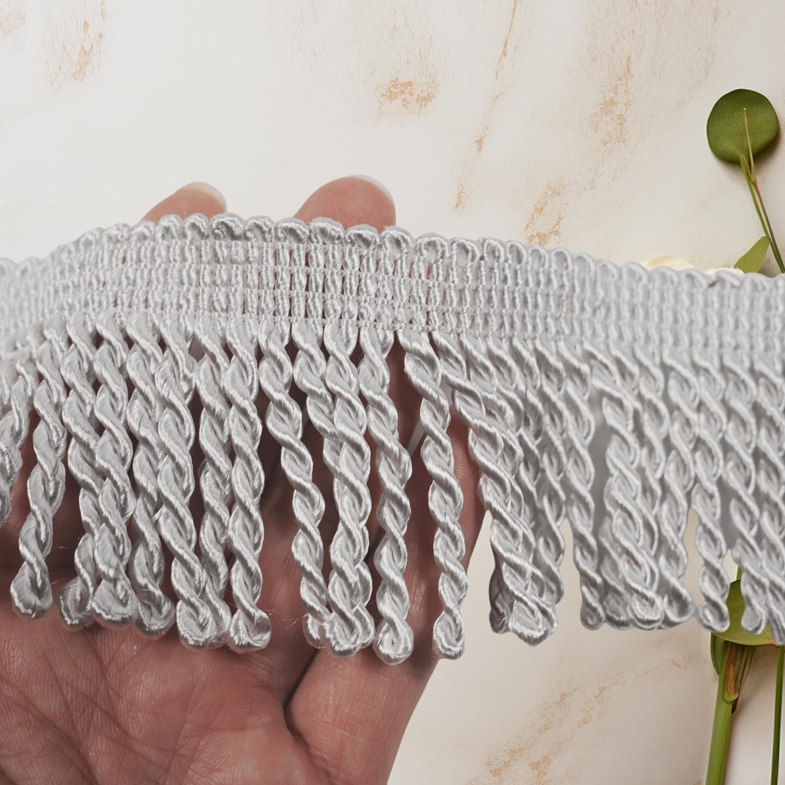 Ribete de flecos de 6 metros, flecos de poliéster metalizados, flecos decorativos para costura, flecos cortados para cortinas, pantallas de lámpara, ropa (blanco)
