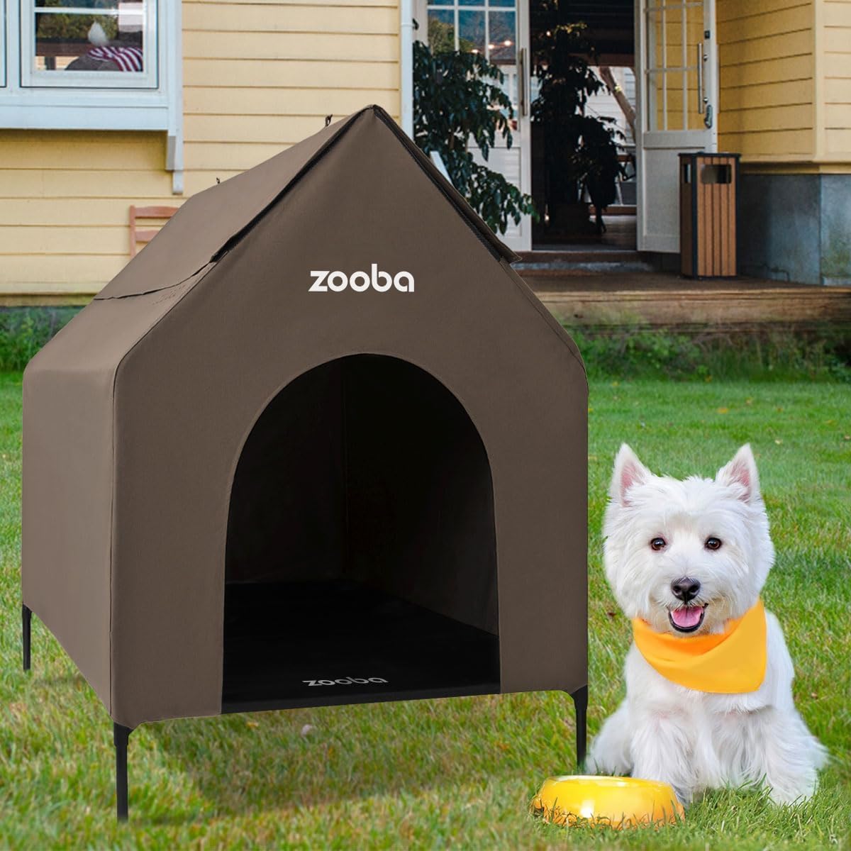 Zooba 29" 2-in-1 Dog House for Medium Dogs, Elevted Dog House Outdoor/Indoor, Weatherproof Elevated Pet Shelter, Breathable Mesh & Steel Frame, Easy to Assemble & Clean(Brown)