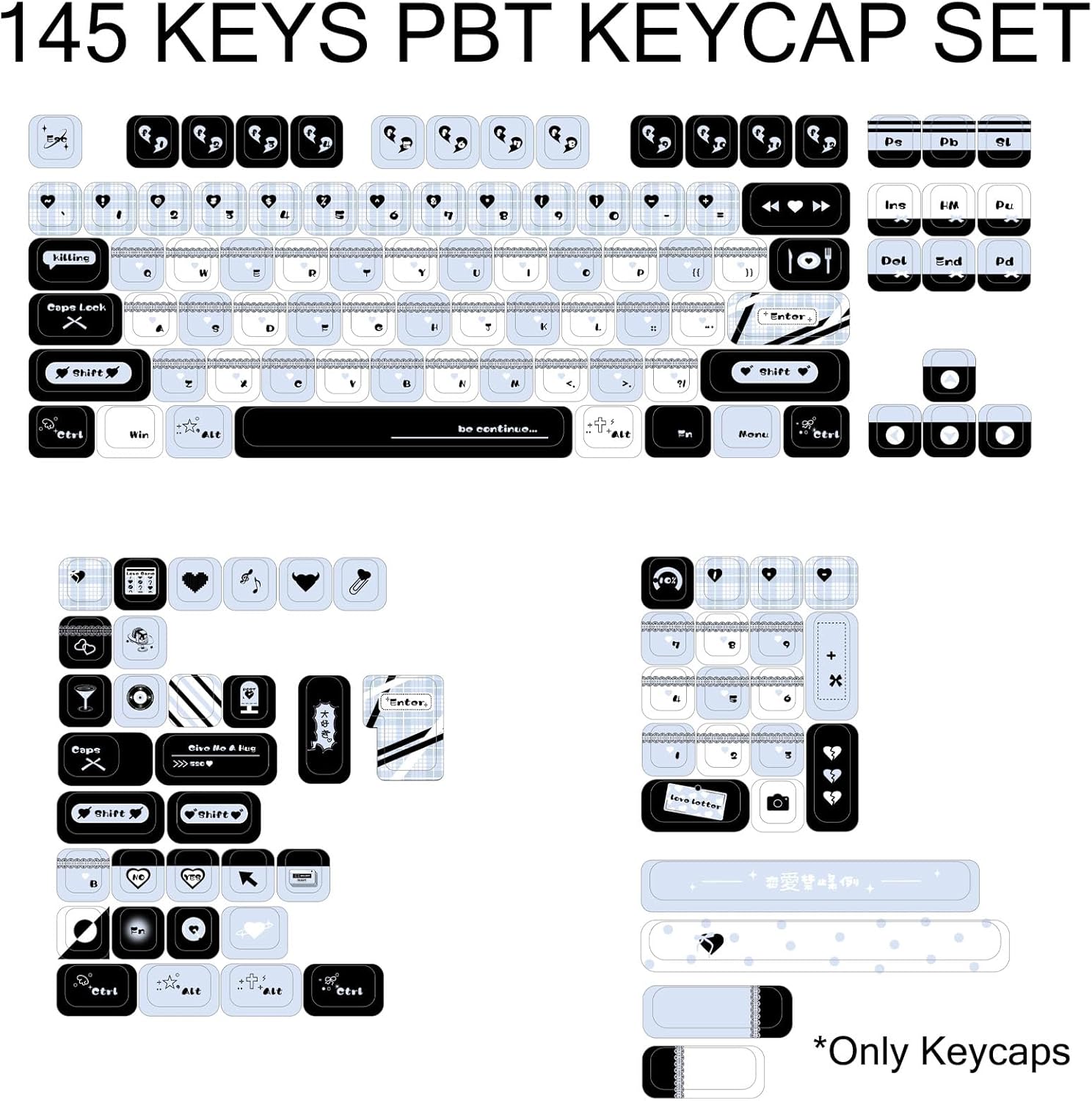 Blue and Black PBT Keycap Set, Dye Sublimation FOA Profile Keycap for ANSI ISO Layout Mechanical Keyboard, 145 Keys Custom Key Cap