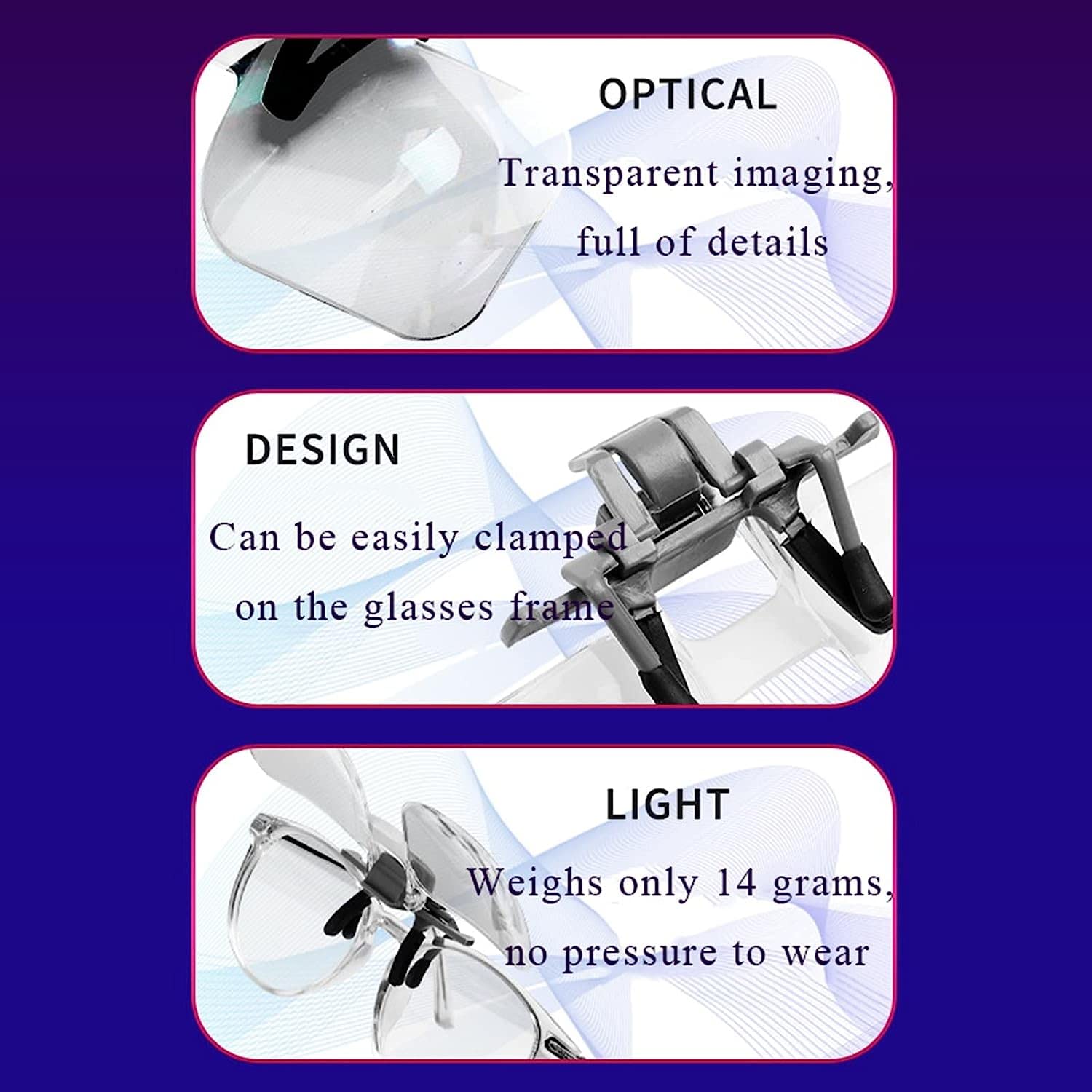 Lupa de Gafas con Clip 2X, Clip Manos Libres, Lupa abatible hacia Arriba, Lupa de joyería, Gafas, para Lectura, electrónica, reparación de Relojes, Costura, Man