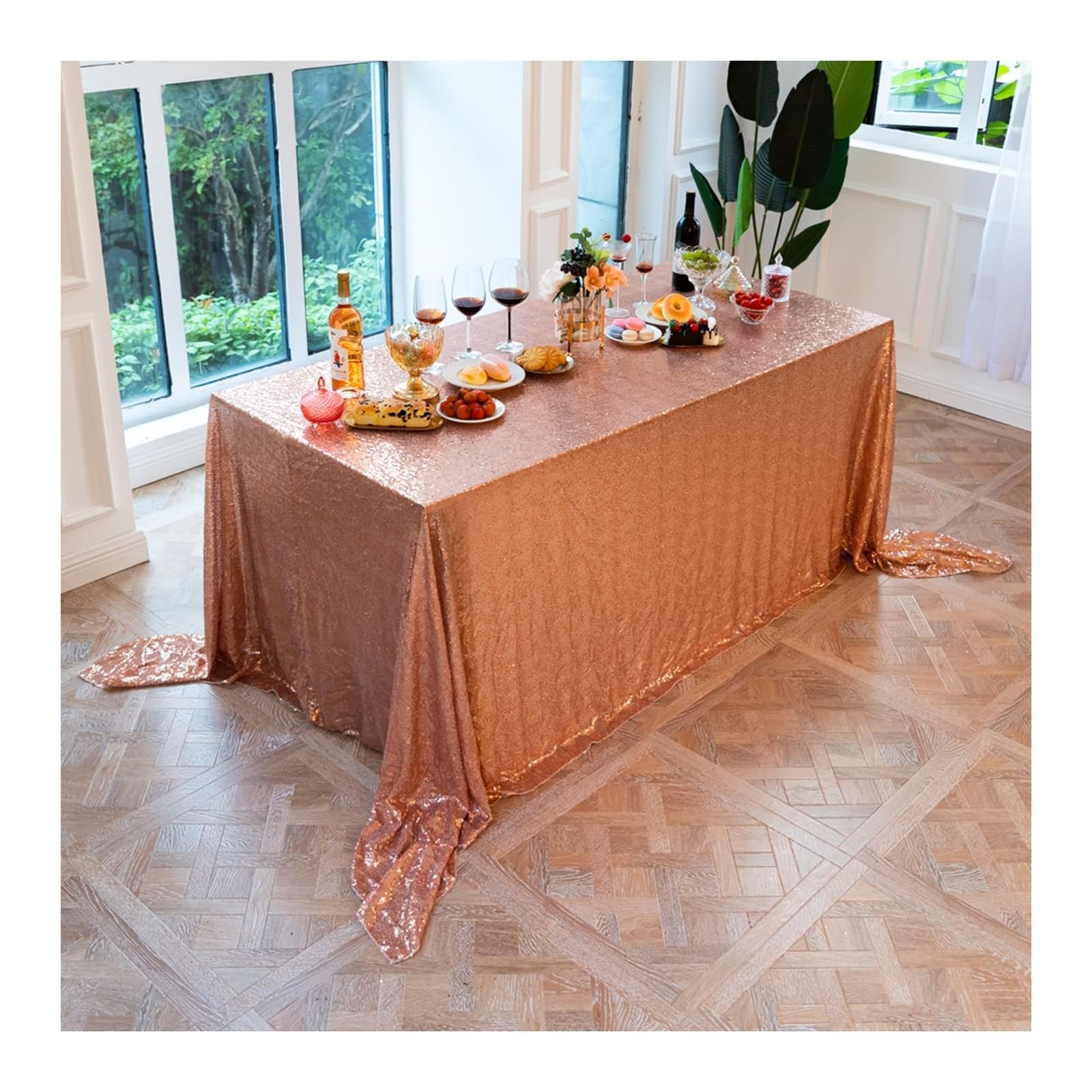 Nappe rectangulaire 180x180 cm or rose à paillettes en polyester