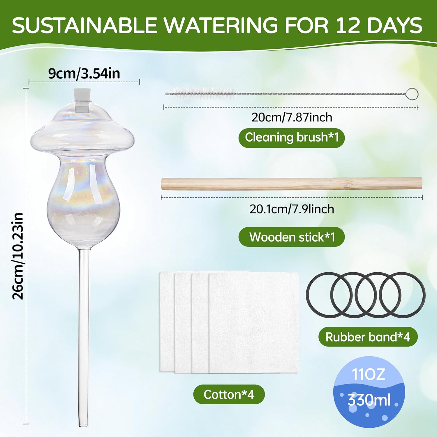 11 oz Up Large Plant Watering Globes, Self Watering Planter Insert, Glass Plant Watering Devices, Mushroom Self Watering Globes, Automatic Watering Bulbs for Indoor Outdoor Plants (Large 4-Pack)