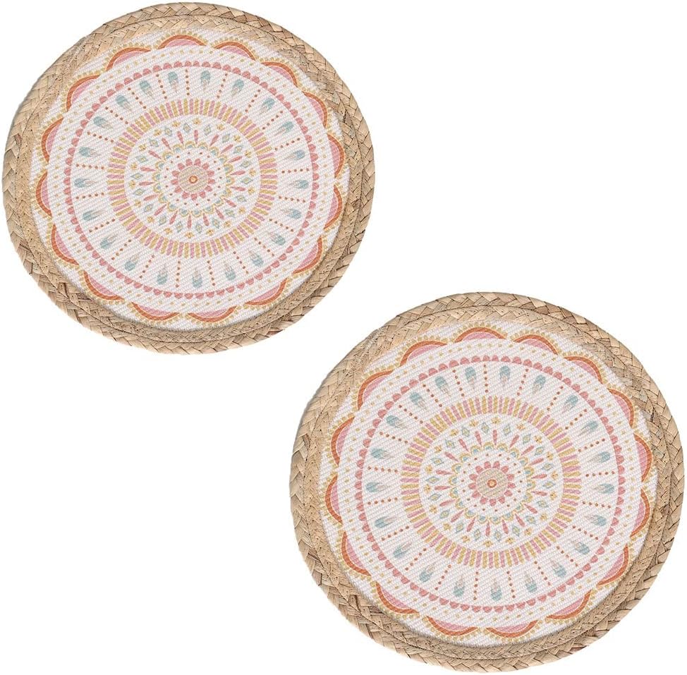 MOCOFO Placemat 4 Set of Boho Colorful Printed Round Woven Placemat（Color 10）