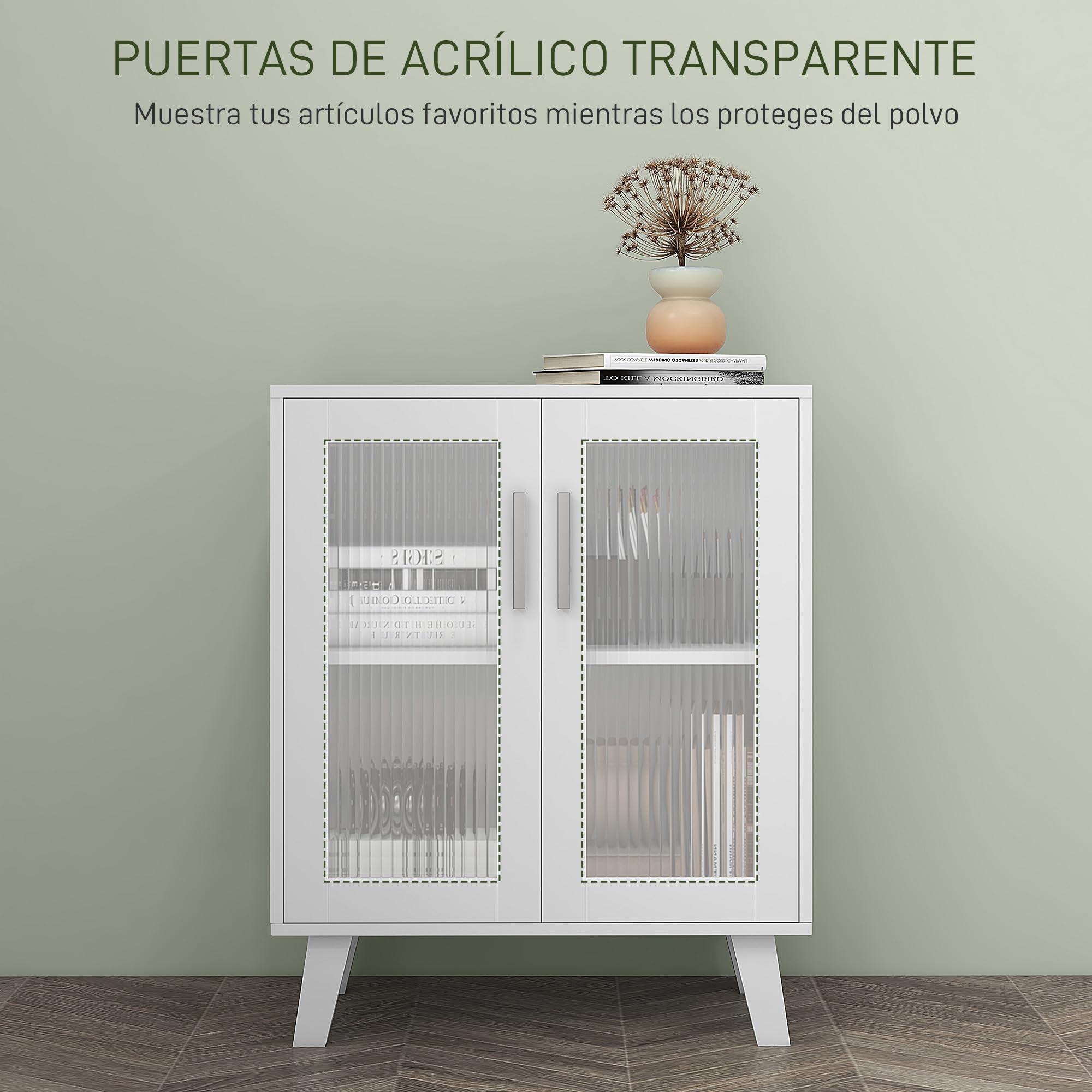 HOMCOM Aparador de 2 Puertas, Aparador de Salón con 2 Estantes, Puertas Transparentes, para Cocina, Entrada, Dormitorio, Blanco, 61x35x75 cm