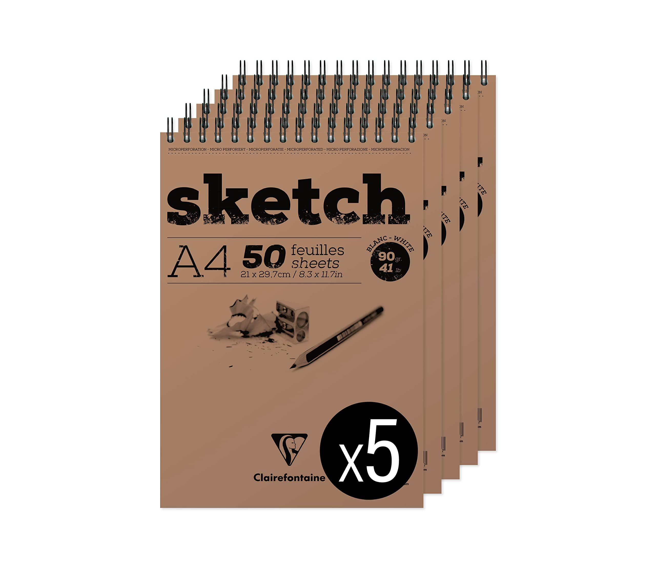Clairefontaine 96904C Bloc Spiralé en-tête Papier Sketch - 50 Feuilles Papier Dessin Blanc au Grain Très Léger - Feuilles Détachables - A4 21x29,7 cm 90g - Paquet de 5 blocs