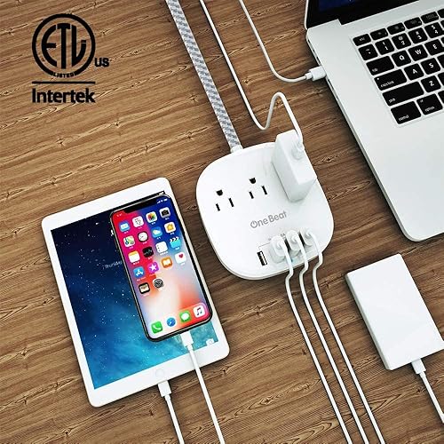 Miniatura 3 de Regleta de alimentación de escritorio con 3 tomacorrientes, 4 puertos USB de 4.5 A, enchufe plano y cables de extensión trenzados de 10 pies de