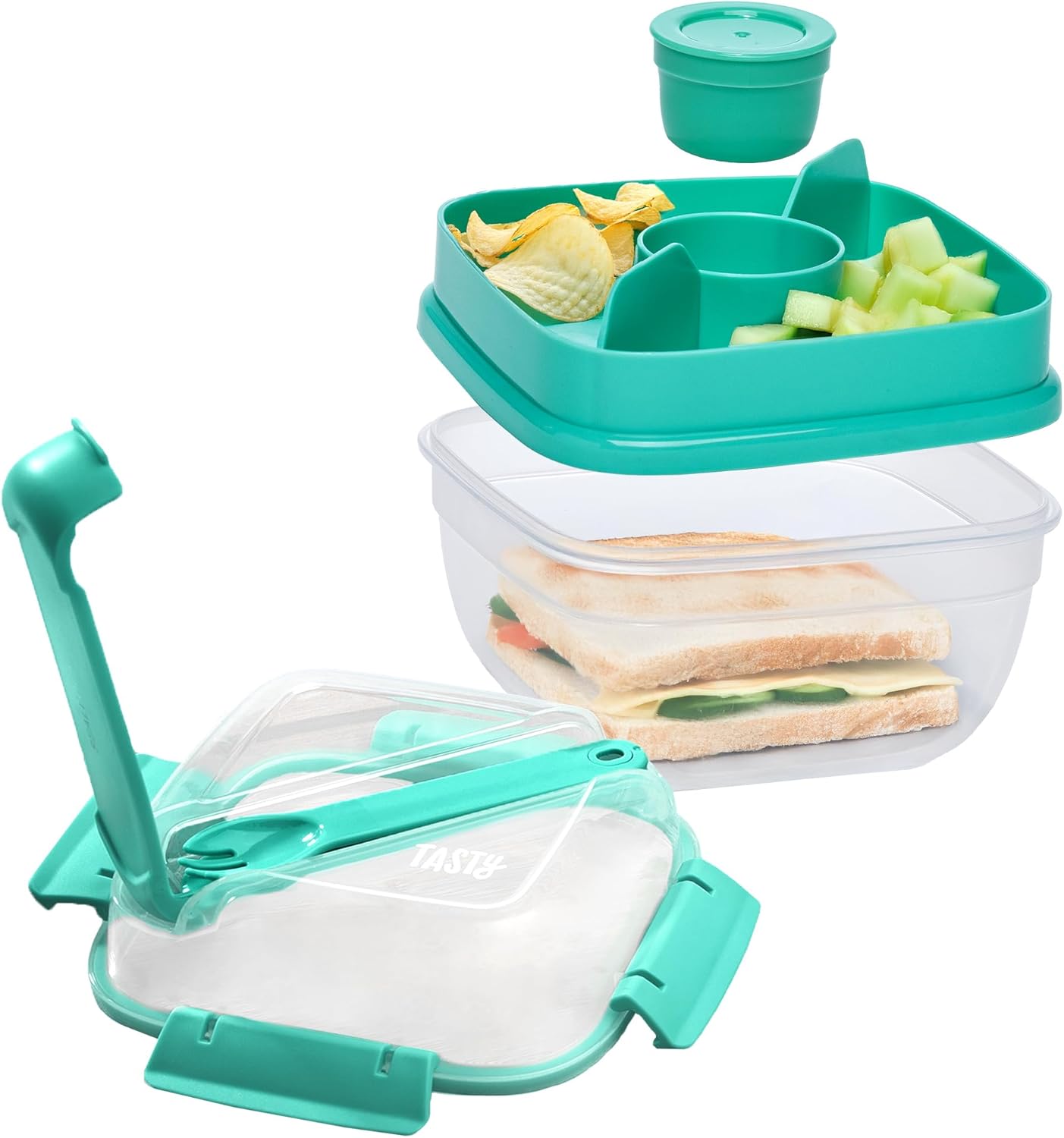 Tasty Stackable Bento Box, 37 oz Base with Removable Toppings Tray & Sauce Cup, Includes Knife & Spork, Easy-Latch Lid, Dishwasher Safe, Aqua