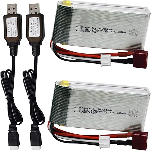Miniatura 8 de Blomiky Paquete de 2 baterías Lipo de 7.4V 1700mAh 12.58Wh 30C con enchufe T y cables de cargador para escala 110 200E 9200 9200E 9205E 9206E RC