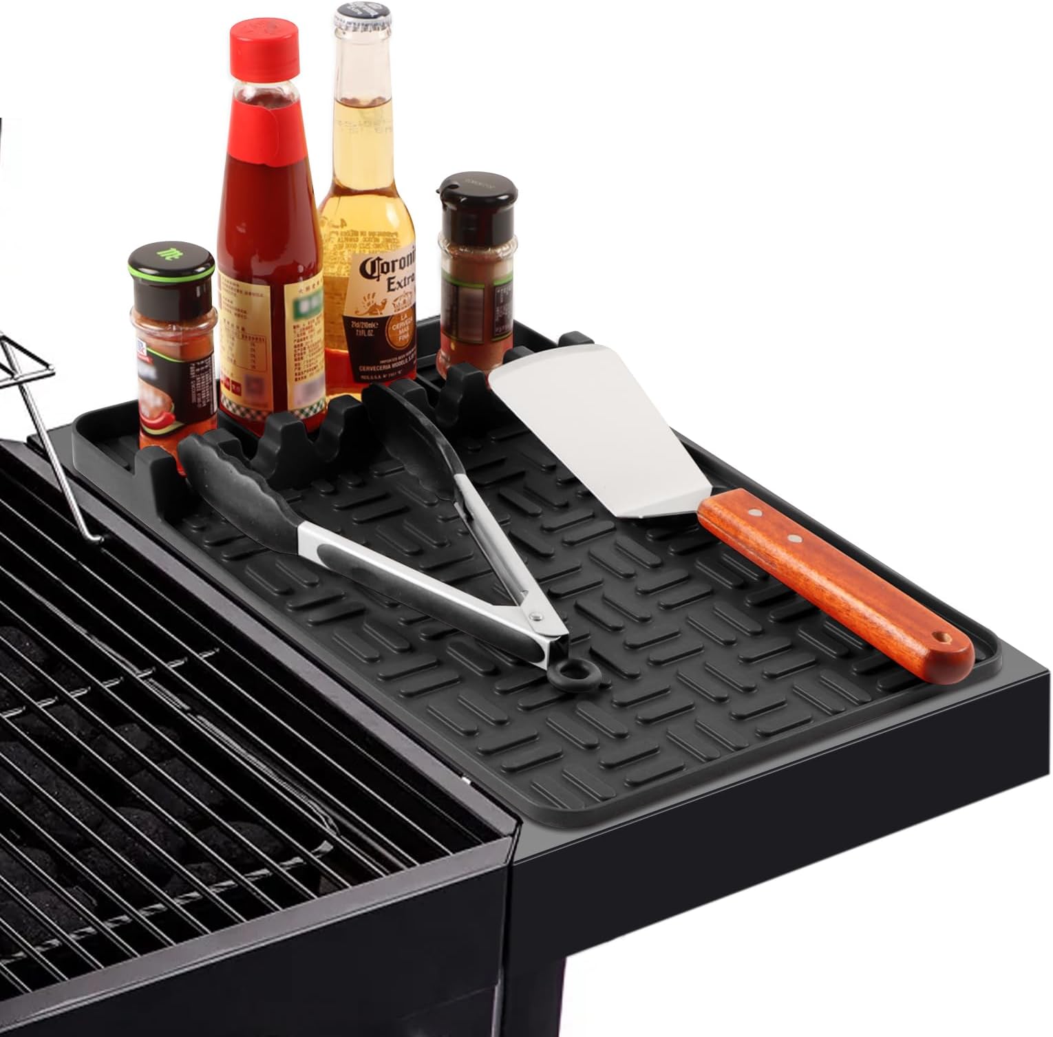 Silicone Griddle Tools Mat for Blackstone, Food Grade Spatula Mat With Drip Pad, Grill Utensil Holder Side Shelf for Kitchen, Cooking, Countertop, Griddle Accessories Black