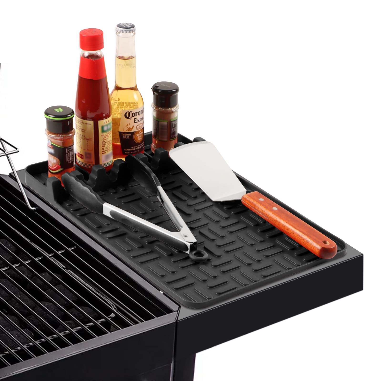 Silicone Griddle Tools Mat for Blackstone, Food Grade Spatula Mat With Drip Pad, Grill Utensil Holder Side Shelf for Kitchen, Cooking, Countertop, Griddle Accessories Black