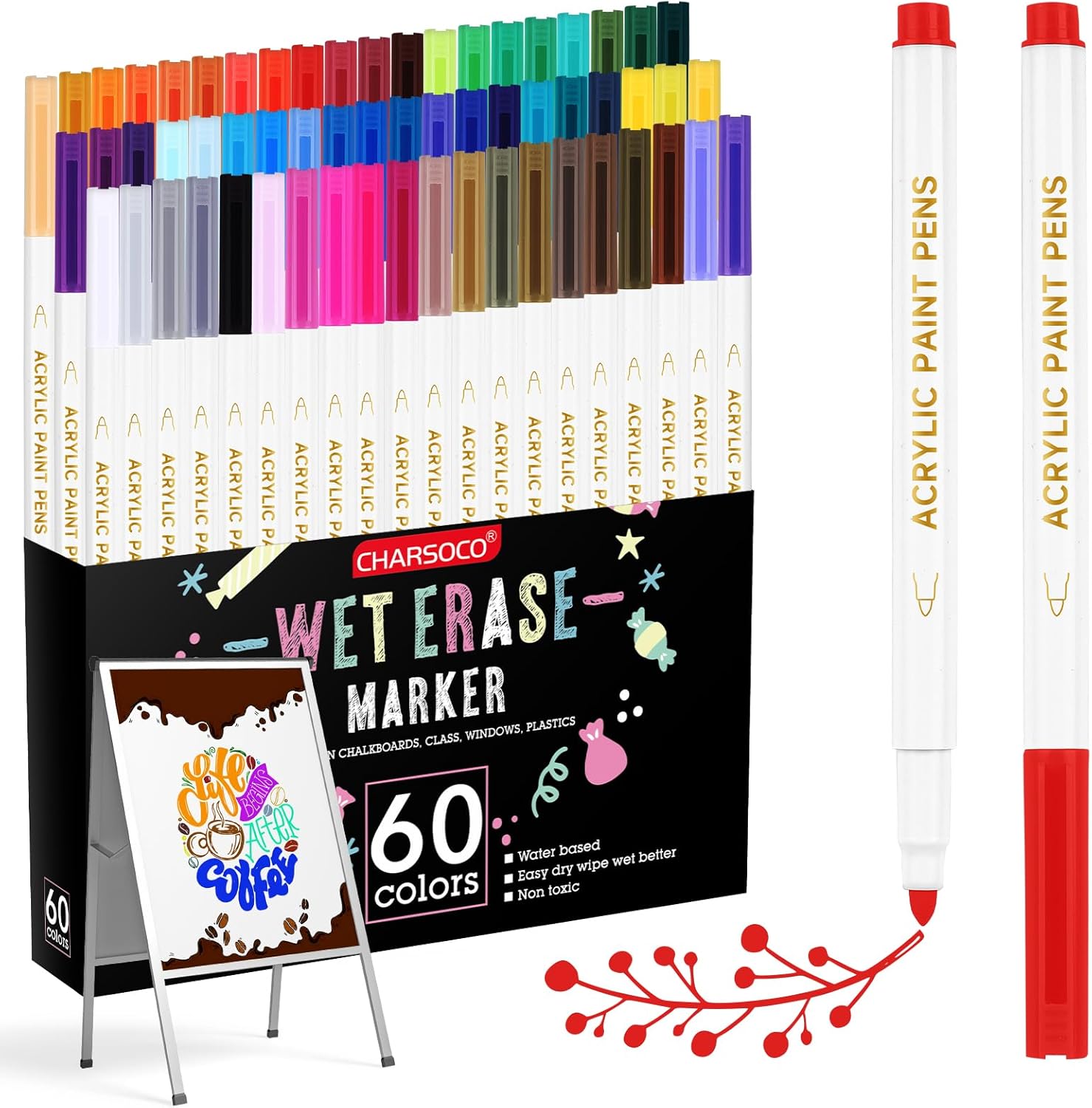 Wet Erase Markers, 60 Colors Whiteboard Markers, Low Odor White Board Wet Erase Pens with 1-2mm Fine Tip, Perfect for Writing on Whiteboards, Glass, Mirror, Home, Office and School Supplies