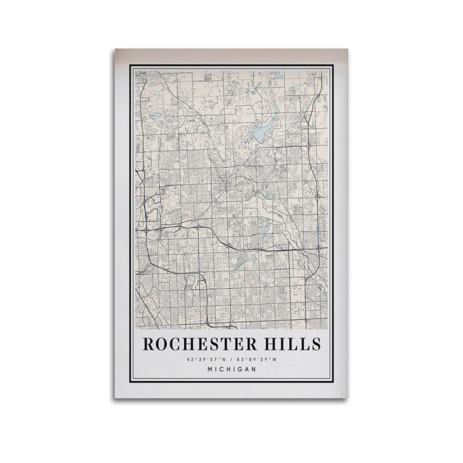 xiaoxiaoshen Rochester Hills Michigan Map Canvas Poster Wall Art Prints Room Aesthetic Murals Bedroom And Living Decorations 24x36inch(60x90cm)