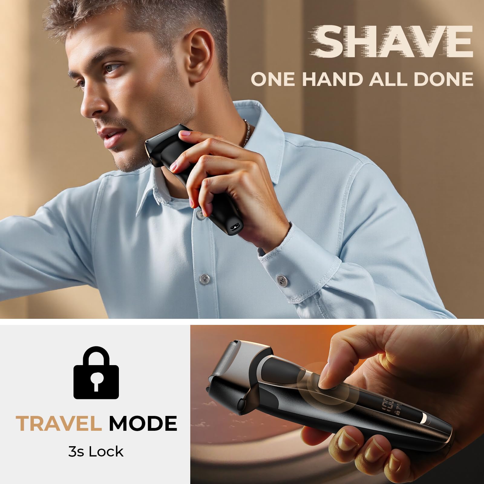 FNDNA Rechargeable Electric Razor for Men: Floating Foil Shavers with LED Display - Waterproof Wet Dry - 30° Precision Blades, Travel Lock — view 7