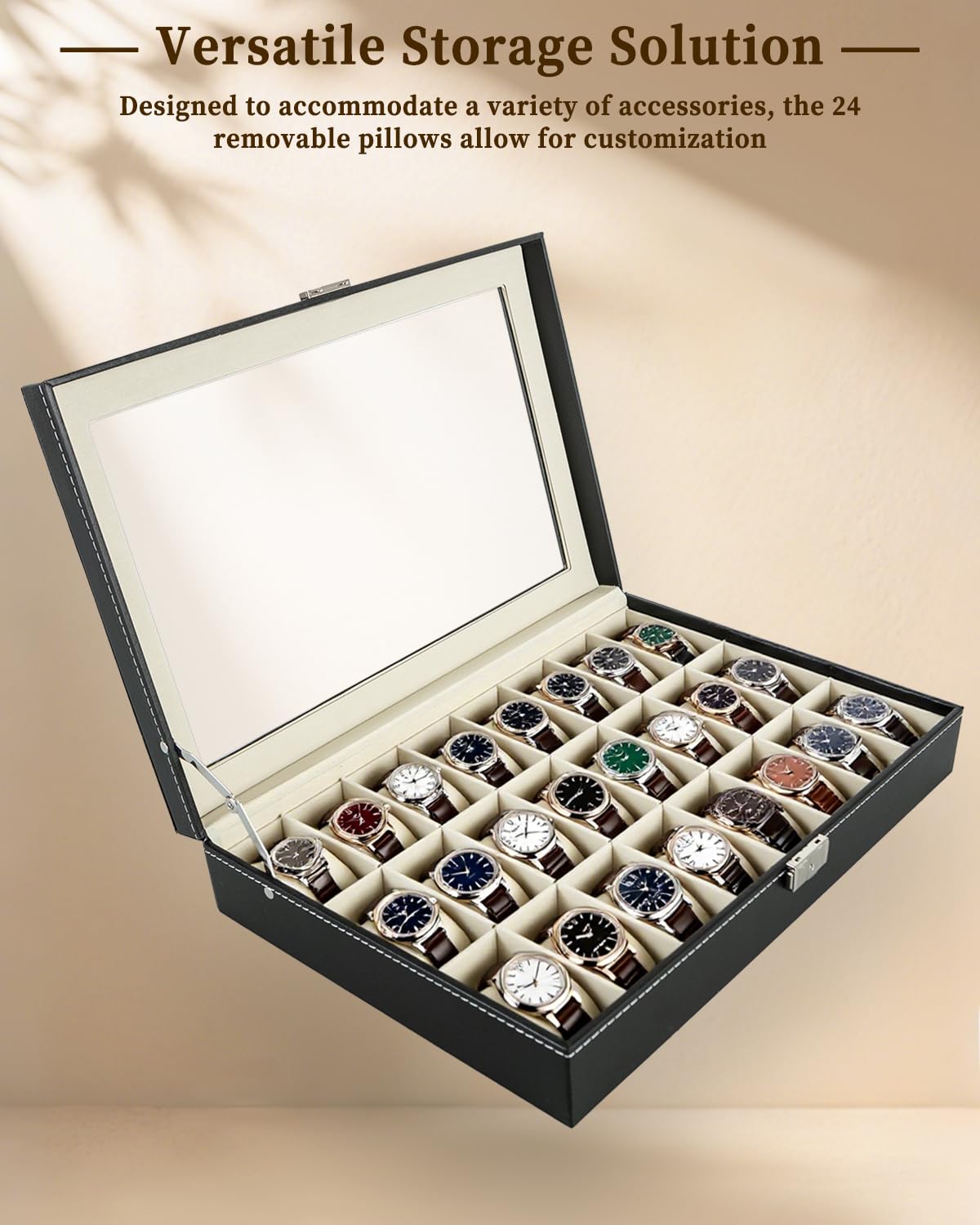 ATPEAM Uhrenbox 24, Eleganter Uhrenkasten mit Glasdeckel & Metallschloss, Uhrenkoffer mit Samt-Innenfutter, Geschenk für die Liebsten