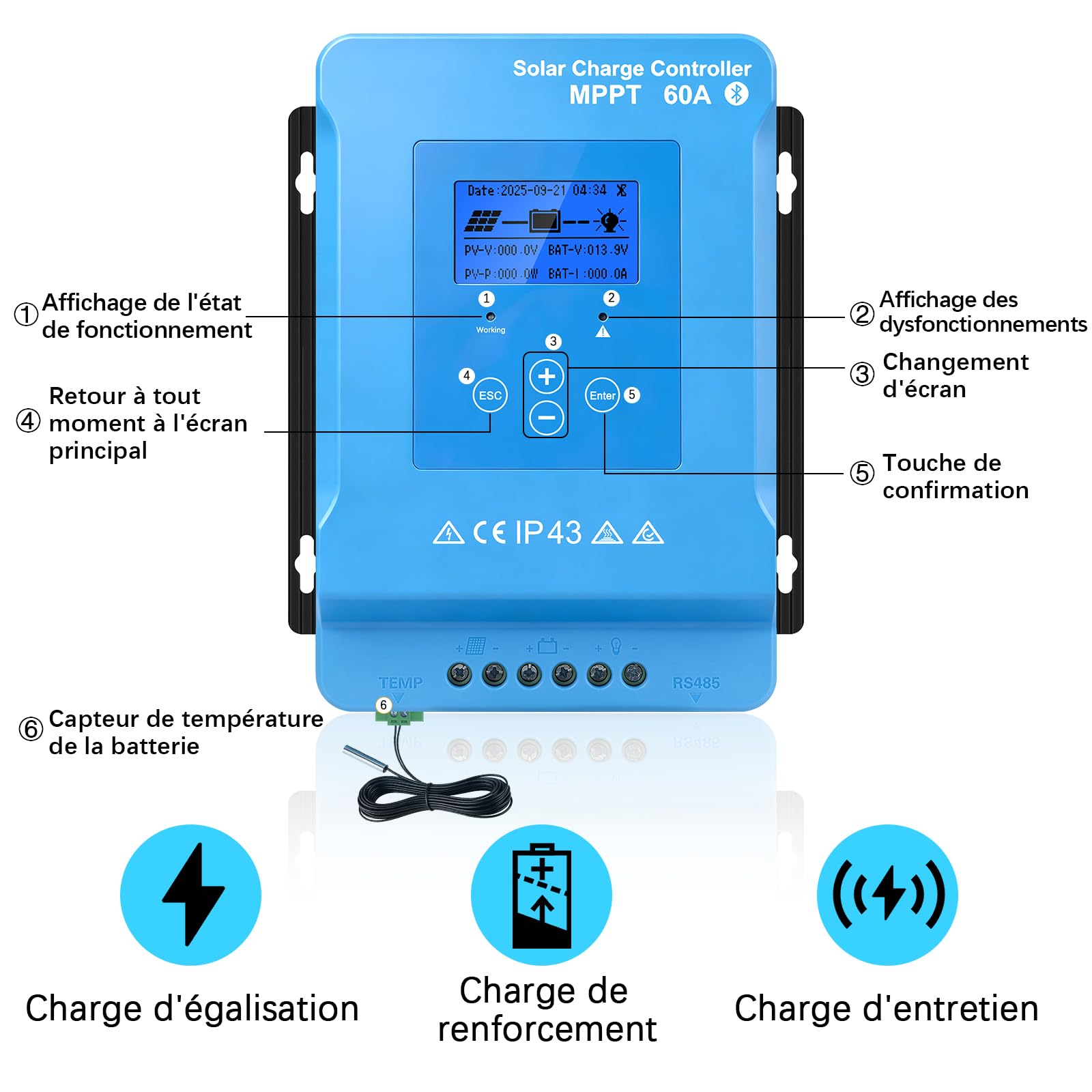 150V 60A Regulateur de Charge Solaire MPPT 12V24V48V96V Bluetooth Controleu