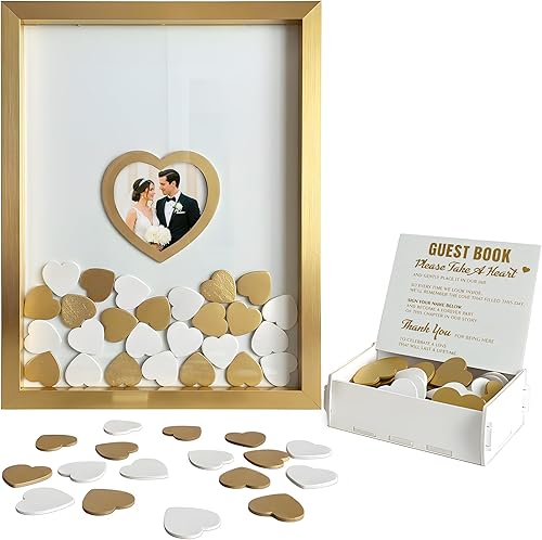 Libro de invitados de boda dorado alternativo para recepción con corazones de madera, un marco, decoración de libros, recuerdos para boda, ideas de