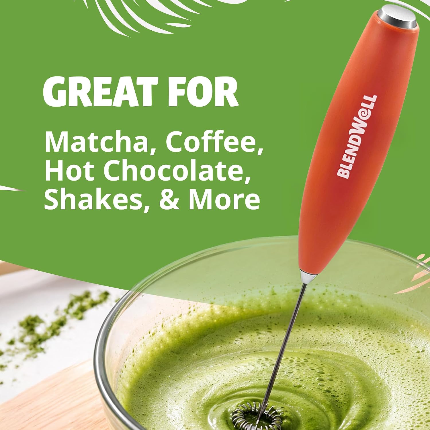 BlendWell Electric Milk Frother for Matcha and Coffee, Handheld Battery Operated Drink Mixer with Stand, Stainless Steel Whisk, Orange