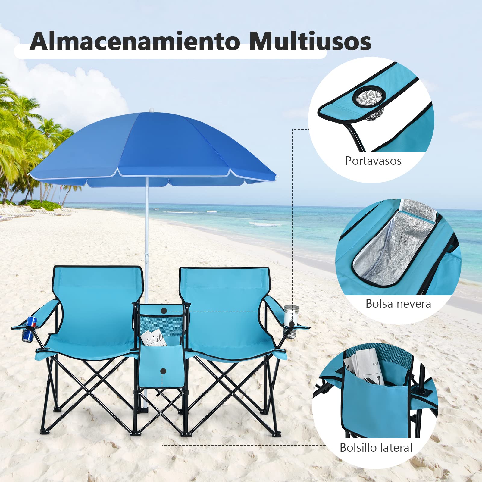 COSTWAY 2 Sillas de Camping con Sombrilla, Sillas Playas Plegables Doble, Portavasos, Bolsa Nevera, Bolsilla Lateral, Bolsa de Transporte, Exterior Picnic Senderismo Barbacoa, 160x56x178cm (Verde)