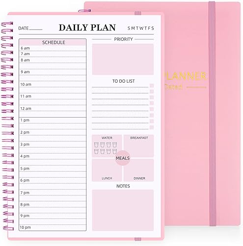 Agenda diaria sin fecha, lista de tareas pendientes con horarios horarios, calendarios, comida, organizador de trabajo con bolsillo, cierre