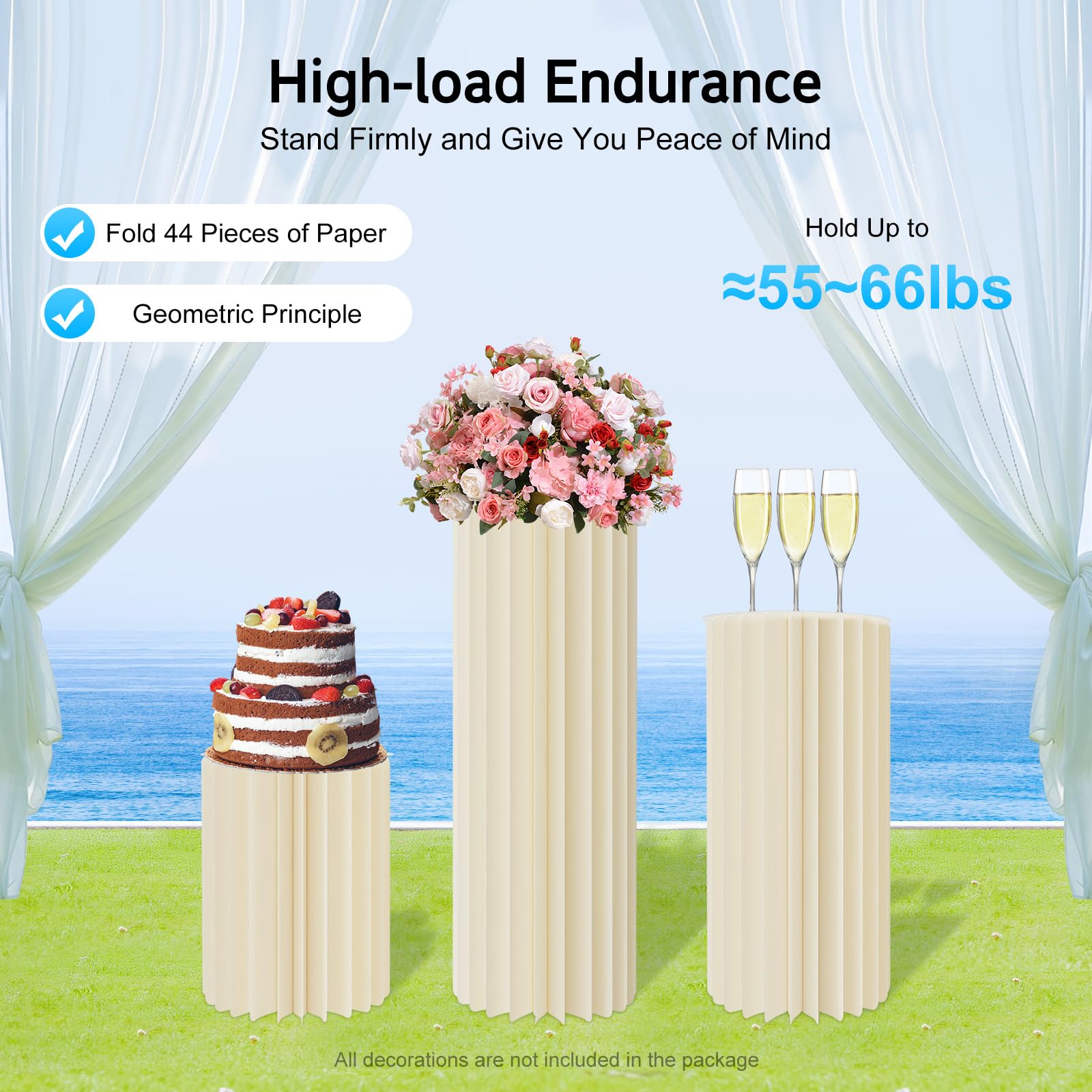3pcs Faltbare Karton Centerpiece Display, Zylinder Blumenständer Säulen Set, Hochzeit Deko Honeycomb, 30/60/80cm, Wiederverwendbar, Garten Party, Milchweiß, Leicht Aufzubauen