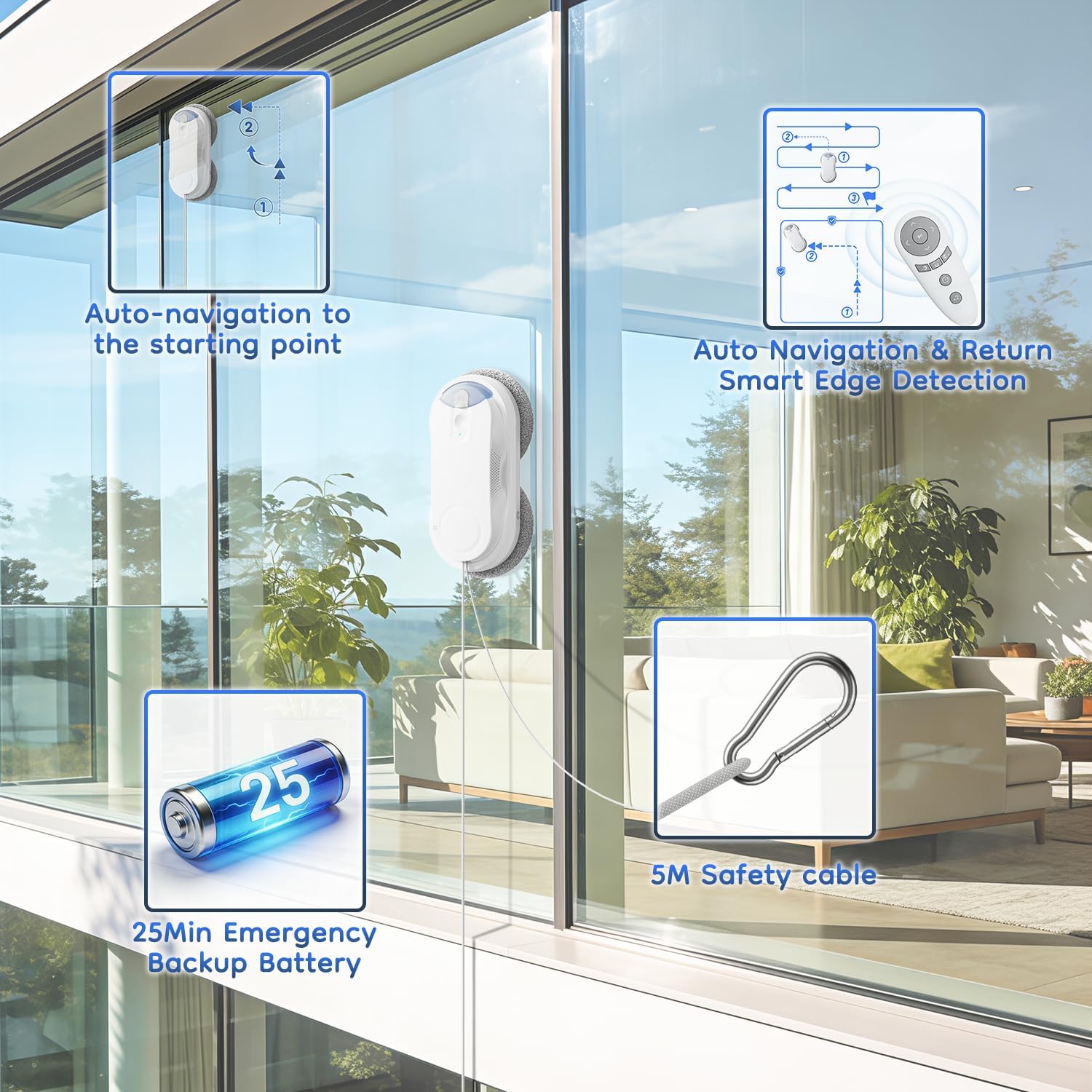 Obito X3 Window Cleaning Robot, Dual Nozzles with Ultrasonic Spray, 5.0 AI Path Planning, Max 3200Pa & Steady-Climbing System, Automatic Edge Detection, Robot Window Cleaner Inside/Outside, White
