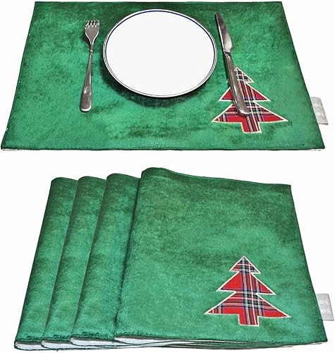 Juego de 4 manteles individuales de Navidad, manteles individuales verdes de Navidad, manteles individuales bordados, manteles individuales de árbol