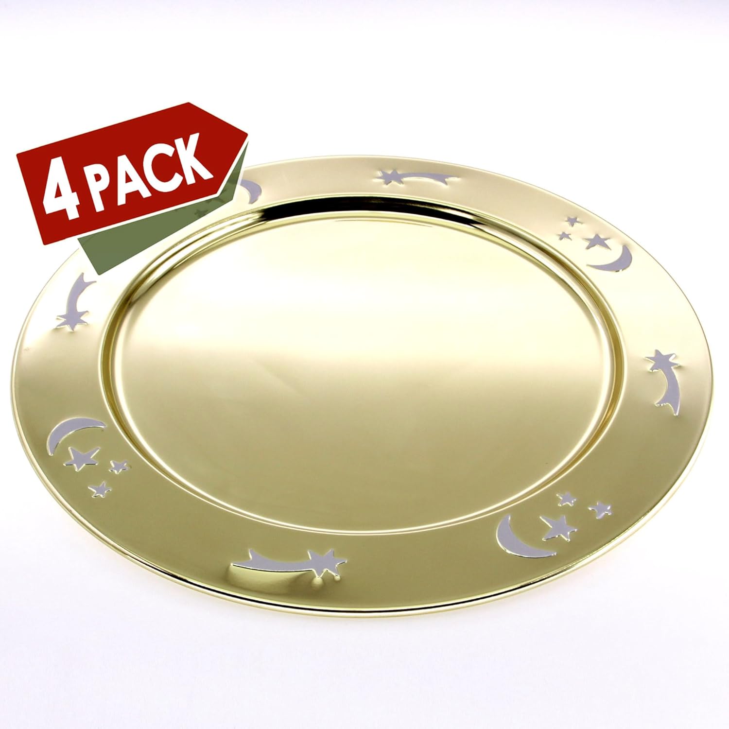 (Pack of 4) 15.4 Inch Round Iron Yellow Gold Plated Serving Tray Shooting Star Moon Engraved Decorative Greeting Party Birthday Wedding Dessert Buffet Candle Snack Platter Plate GD-317