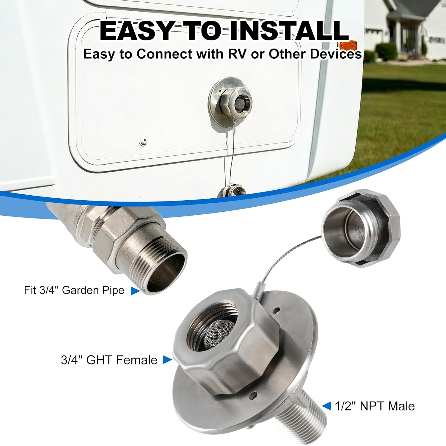 All Metal RV City Water Inlet With Check Valve - Durable Replacement Water Fill Connection for Camper, Motorhome, Trailer, Marine