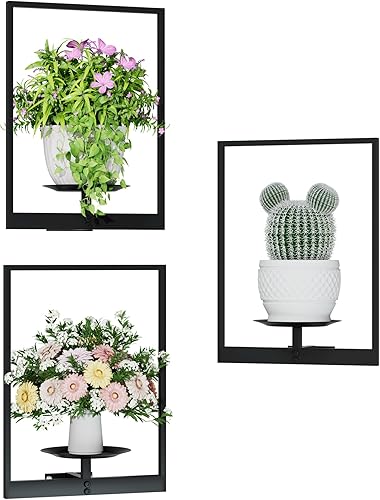 Miniatura 15 de Soporte para plantas de pared de metal negro, paquete de 2 soportes para plantas montados en la pared y soportes colgantes para macetas