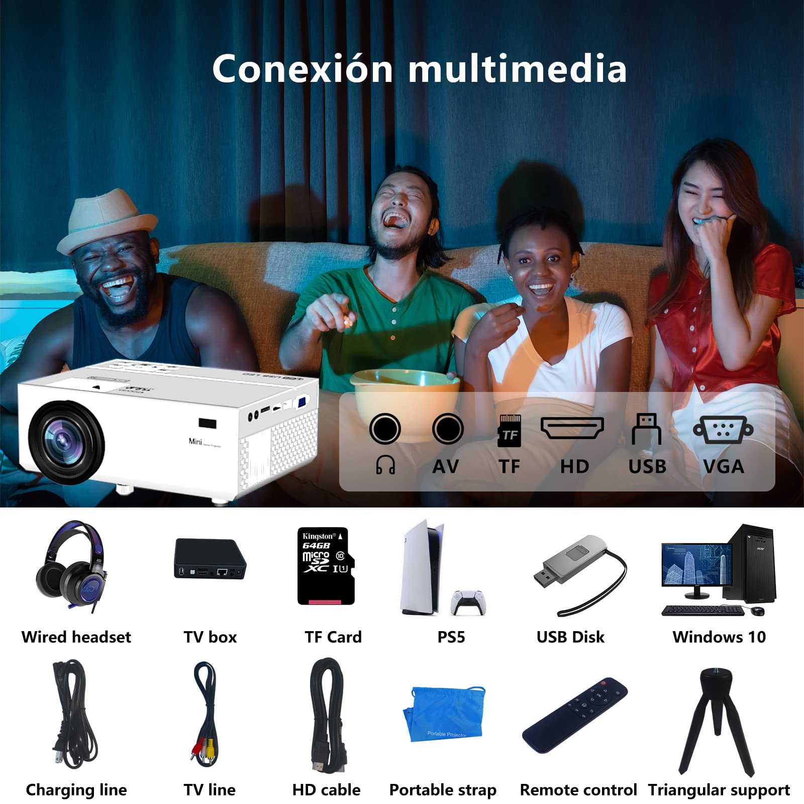Mini Projecteur 10000 Lumens 1080P Full HD Portable Support HDMI USB AV Blanc M8