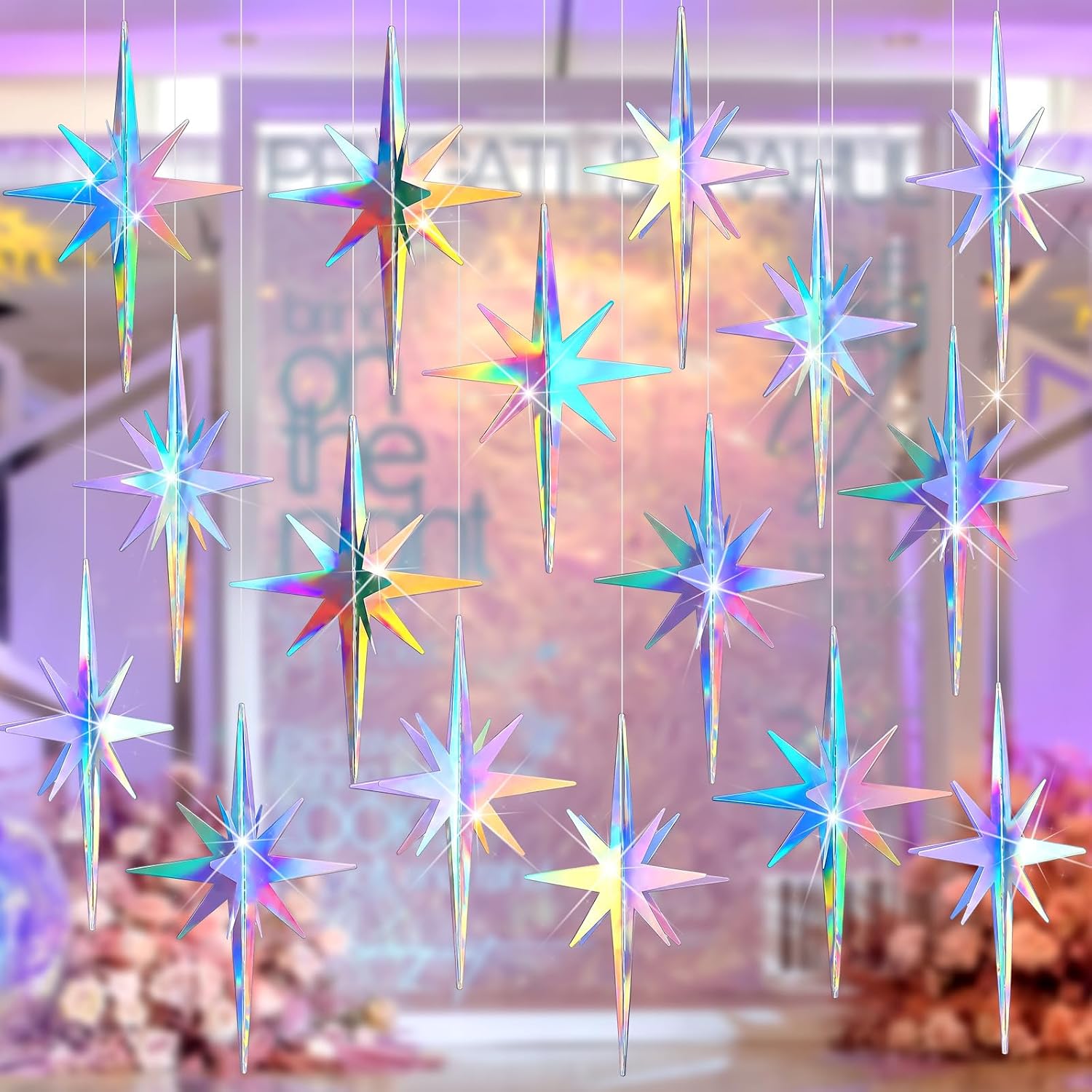 Novabright 16 Pcs Iridescent Hanging Star Party Decorations 3D Glittering Iridescent Explosion Star Ornaments 4.7" for Y2k Unicorn Disco Birthday Party Wall Ceiling Decor