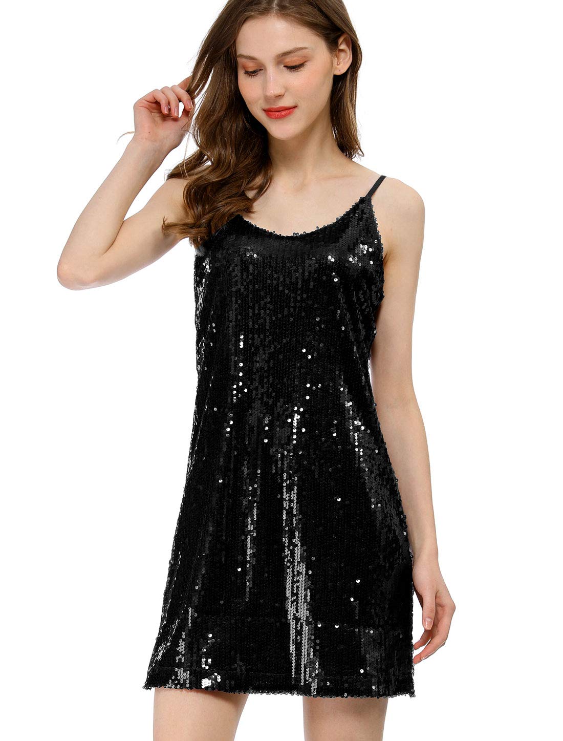 Allegra KWomen's Glitter Sequin Dress Spaghetti Strap V Neck Party Cocktail Sparkly Mini Dress Clubwear