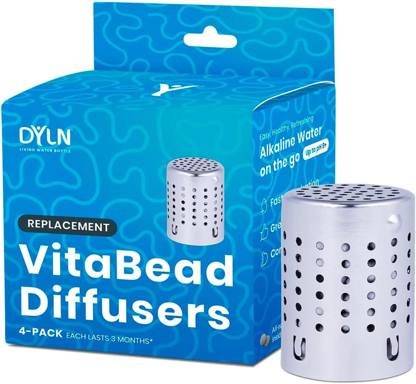 DYLN VitaBead Diffuser | Creates Hydrogen-Rich, pH 9+ Alkaline Antioxidant Water | Replacement for DYLN Bottle | Natural Mineral Ionized Hydrogen Generator for Delicious Tasting Water | 4-Pack