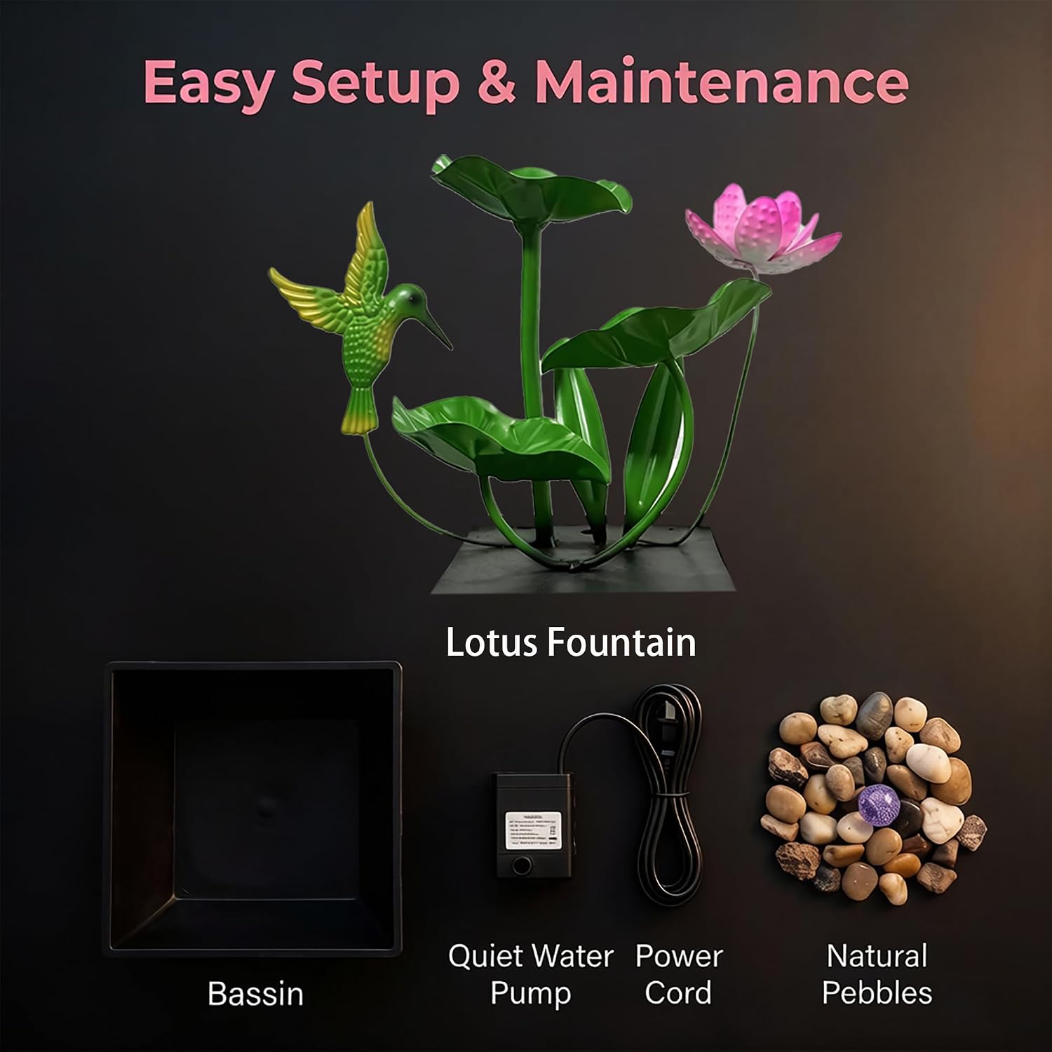 Tabletop Fountain,Indoor Water Fountain,Home Fengshui Décor Zen Relaxation Soothing Sound Machine for Office,Living Room,or Bedroom,Green Lotus,Hummingbird & Pink Flower