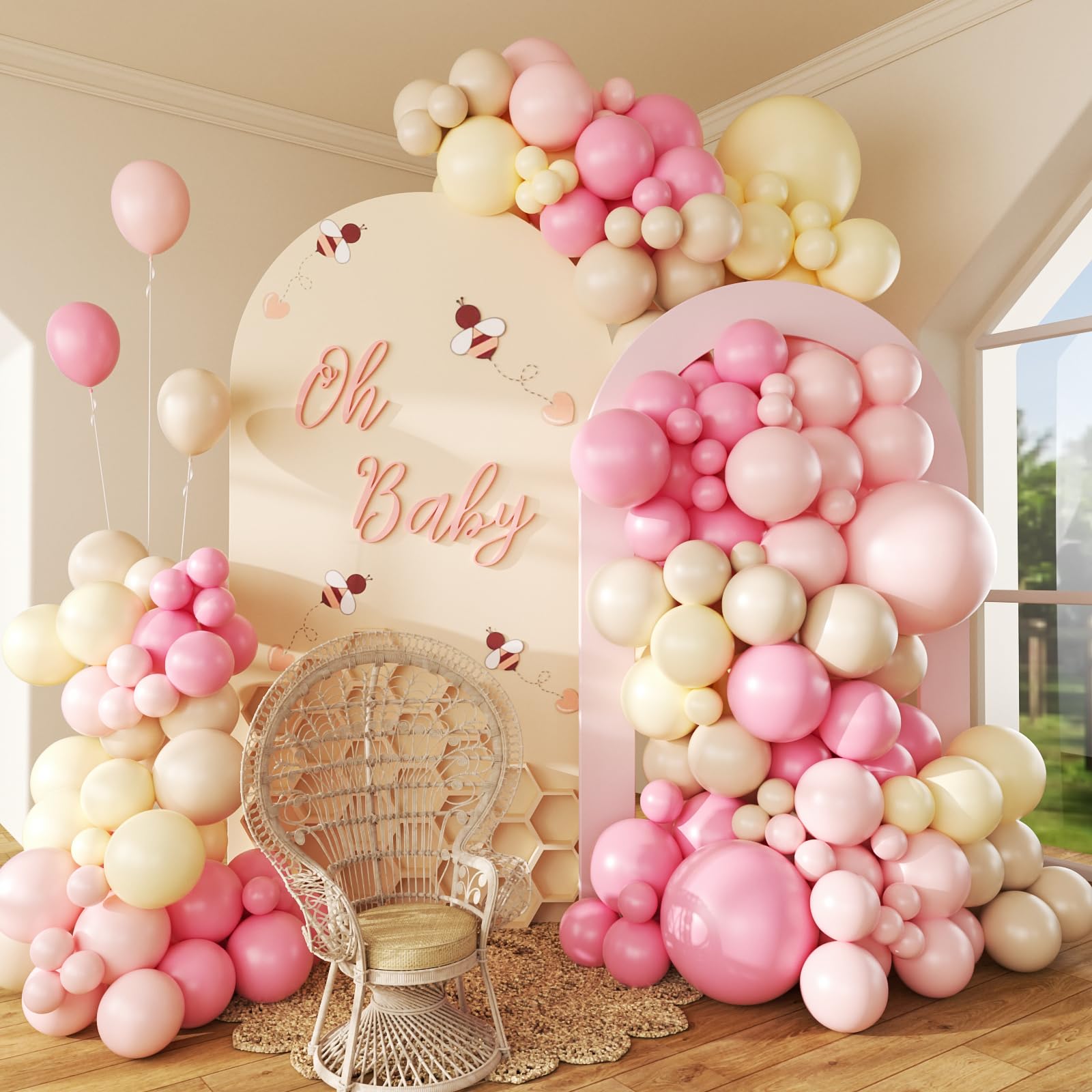 Photo 1 of 146pcs Pink and Yellow Balloon Garland Arch Kit, Pastel Pink Light Pink Pastel Yellow Sand White Latex Balloons for Cartoon Bear Themed Birthday Wedding Baby Shower Party Decorations