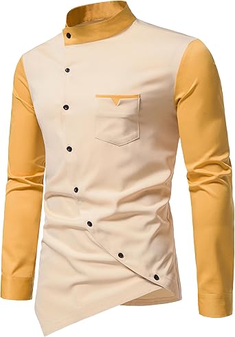 JEShifangjiusu Mens Long Sleeve Dress Shirt Stand Collar Casual Asymmetric Button Down Shirts Fashion Business Golf Shirt