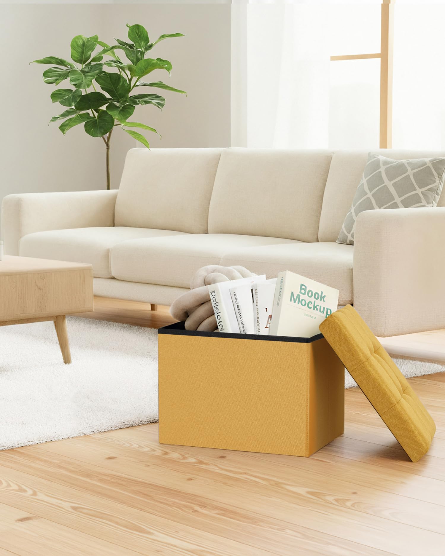 Bonlife Pouf Contenitore Panca Sgabello Contenitore, Piccoli Tavolino Salotto Lino Cubo Portaoggetti Pouf da Camera Quadrato per Soggiorno, Camera da Letto, Ingresso,42x32x32cm Zenzero