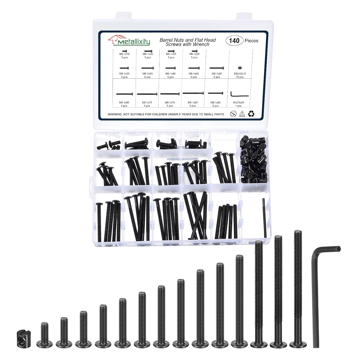 METALLIXITY Furniture Crib Screws Replacement Set with Wrench(M6-1x16/20/25/30/35/40/45/50/55/60/65/70/75/80mm) 140Pcs, Galvanization Barrel Nuts Binding Screws, for Chair Cabinet Bed, Black