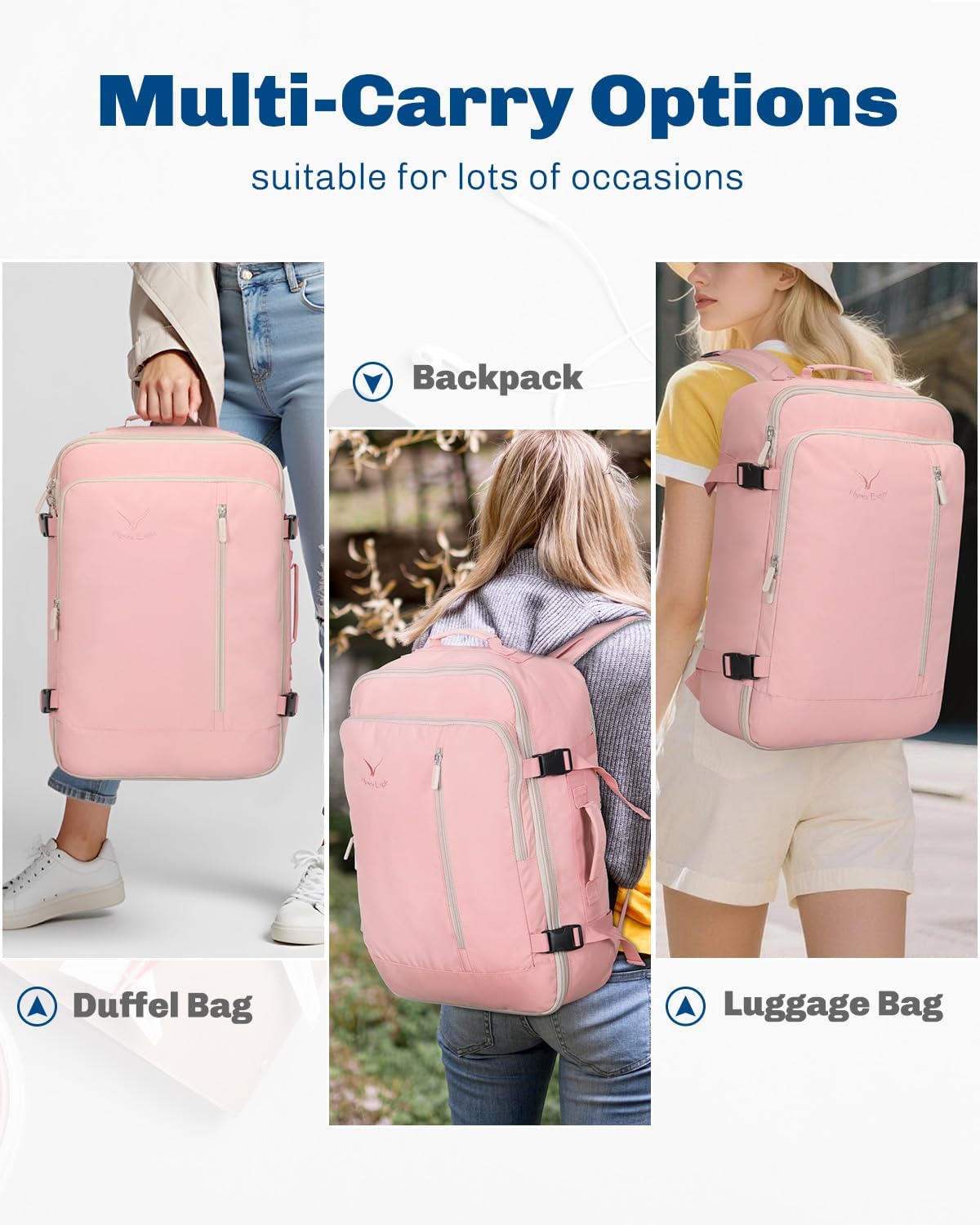 Hynes Eagle Carry on Backpack 38L Large Travel Backpack for Women Flight Approved Weekender Bag Laptop Backpack Men 15 inches Light Pink