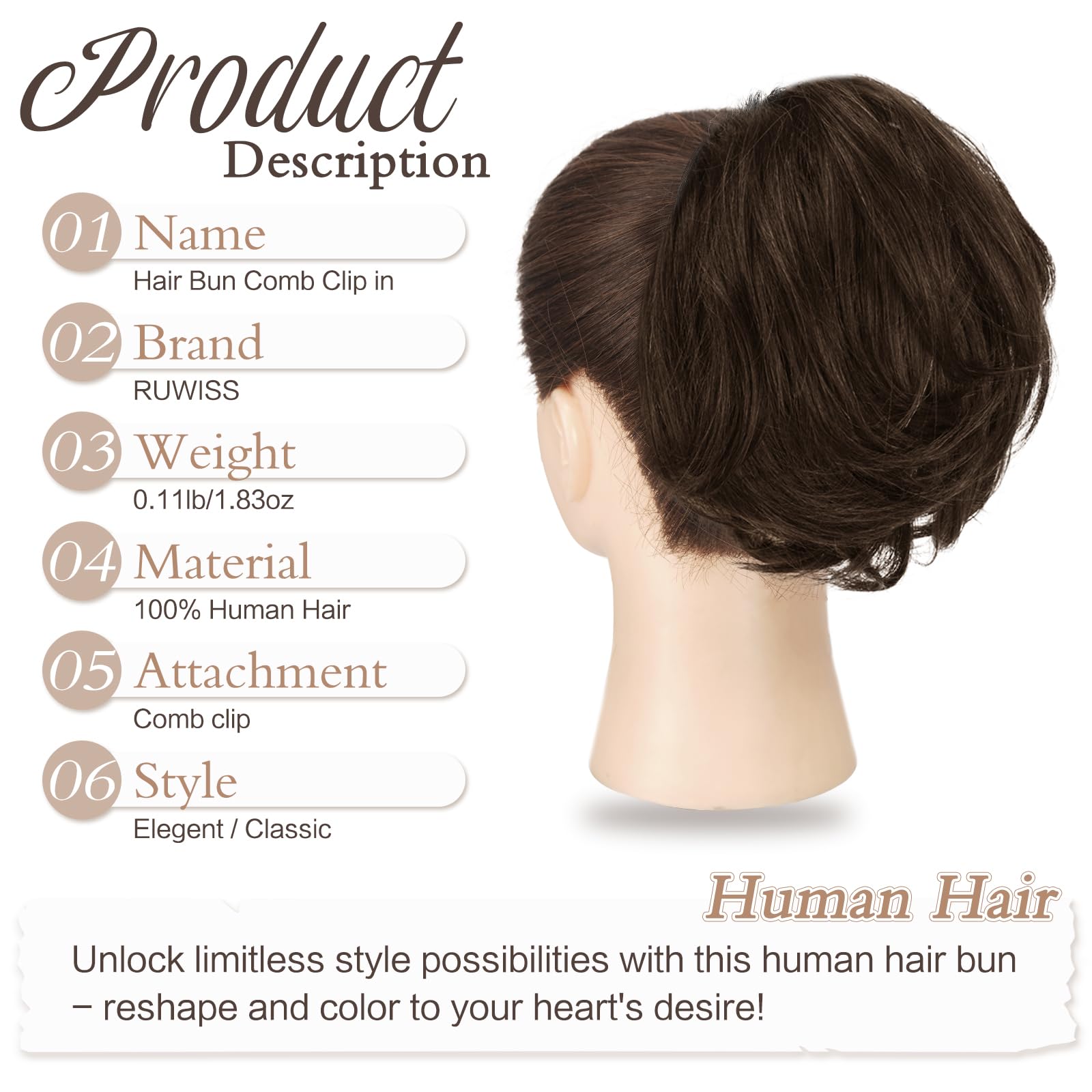 Photo 1 of RUWISS Real Human Hair Bun Extension - Dark Brown, 7 Inch