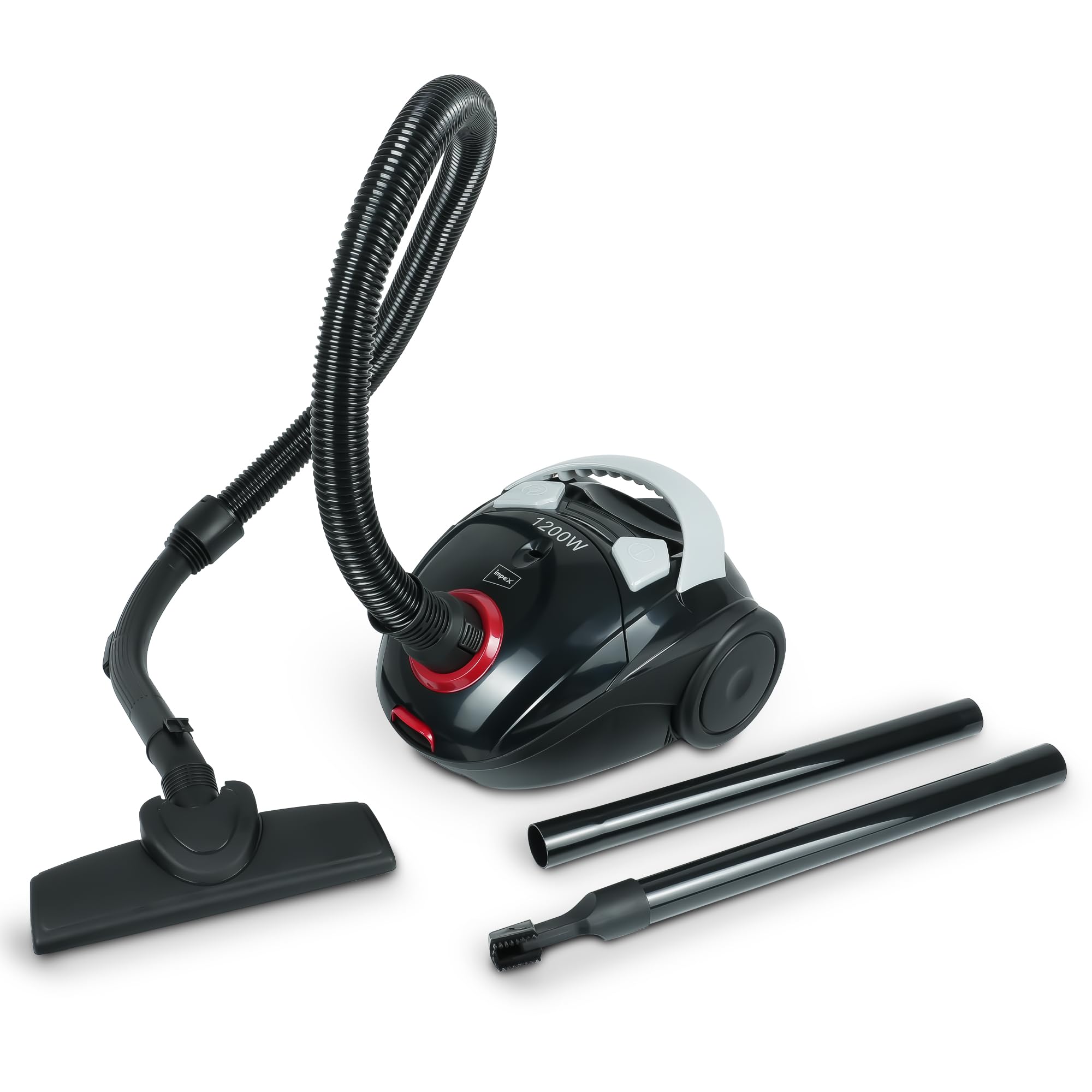 Impex 1200W Vacuum Cleaner - 1.2L Capacity, Dust Full Indication, Washable Cloth Bag, Flexible Hose with Airflow Adjustment, Pedal Switch, Auto-Rewind Wire, Easy Movement Wheels
